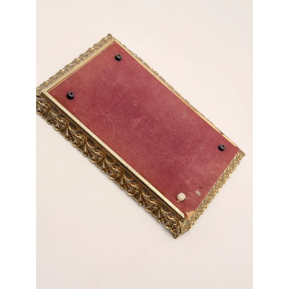 Vintage Hollywood Regency Gold Filigree Mirrored Vanity Tray Ornate Rectangular
